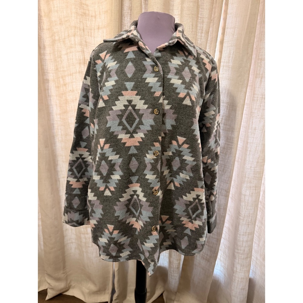 Blue B Collection Southwestern Aztec Print Shacket Grey Blue Pink Large 31154J